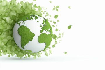 Obraz premium A green globe surrounded by leaves on a white background