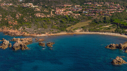 The rocky and sandy beach of Di Cala in the north-west of Sardinia. Drone photos taken on a sunny...