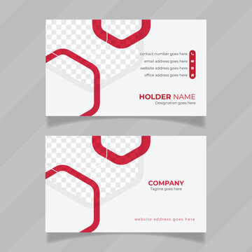 Modern or professional business card design vector layout. Horizontal eps file for name card with geometric shape. Red and white color double sided contact information card template.
