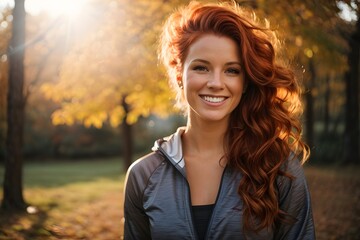 Happy sports redhead woman warming up for a morning workout outdoors in autumn sunflares in the background. Image created using artificial intelligence.