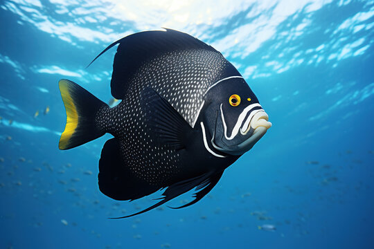 French Angelfish swimming in the open ocean