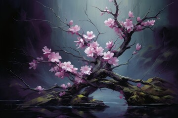 This digital painting beautifully depicts a blooming cherry tree shrouded in the enchanting fog of the night. Experience the artistry of the picture.

 Generative AI - obrazy, fototapety, plakaty