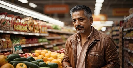 A happy hispanic customer shopping products in a grocery store. Image created using artificial intelligence.