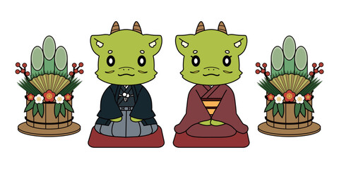 Obraz premium 正座をする着物を着た龍のキャラクターのイラスト素材