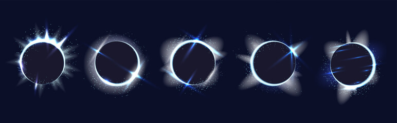Set of glowing silver rings with light, stars and blinks around, five round picture frames, vector decorative graphics with realistic light effects.