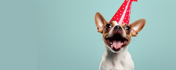 A Jubilant Dog Celebrates In Style With A Red Party Hat And A Blowout Accessory - obrazy, fototapety, plakaty