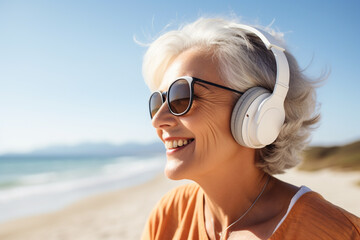 old woman with gray hair listen to music with headphones on vacation or free time on sunny day,...