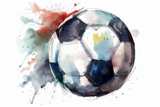 Watercolor style soccer ball on white background with colored splashes.