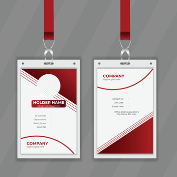 Simple and minimal design presentation for identity card. Red and white color double sided ID card design. Editable Student information card white vertical layout. 