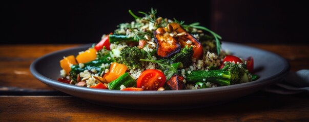 A Plate Of Health Embodied In A Salad With Spinach Quinoa And Roasted Vegetables . Сoncept Healthy Eating, Spinach Quinoa, Roasted Vegetables, Plantbased Diet