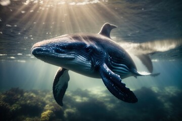 a cute baby humpback whale female in sea