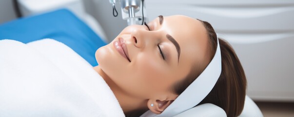 A Serene Facial Procedure Where A Delighted Woman Reclines On A Medical Bed With Her Eyes Closed Enjoying A Hydrafacial Treatment . Сoncept Hydrafacial Treatment, Facial Procedures