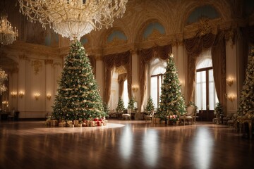 A grand and opulent Christmas tree, with cascading ribbons and luxurious ornaments, standing in a grand ballroom adorned with sparkling chandeliers  - obrazy, fototapety, plakaty