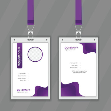 Simple and editable ID card for company stuff. Colorful printable design mockup for membership card with purple color and white background. Easy to customize ID card design vector file. 