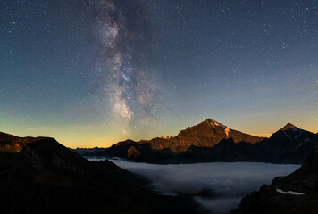 Milky way over a mountain landscape in Italy.
