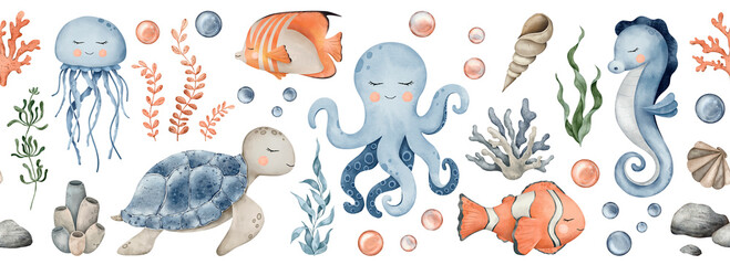 Underwater Animals seamless border. Cute undersea endless line with octopus, seahorse, jellyfish, turtle, clownfish, shells, algae, corals and bubbles. Hand drawn watercolor illustration of sea Fish