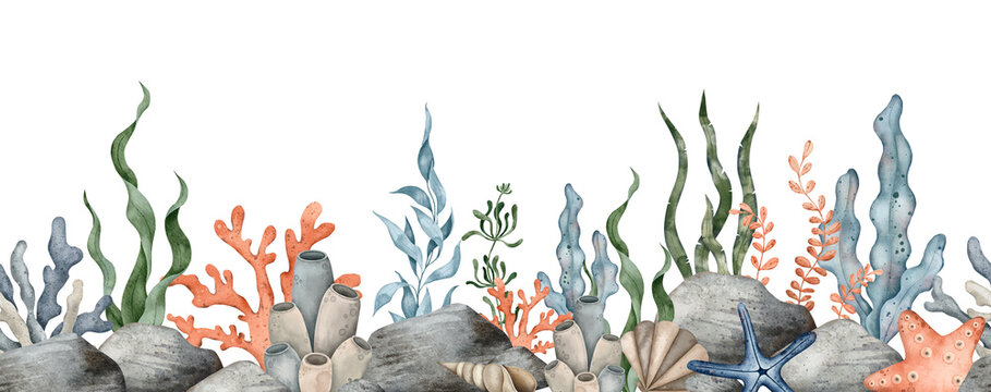 Seamless border of sea Pebbles, marine coral, starfish, seaweed algae. Hand drawn watercolor illustration. Marine, tropical collection for souvenir, posters, sticker, printing, banner