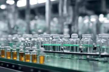 Medical vials are being manufactured on a pharmaceutical production line, with specialized machinery producing pharmaceutical-grade glass bottles.