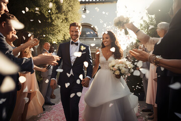 Braut und Bräutigam laufen durch Spalier, Reis und Blumen, Hochzeitsbrauch, erstellt mit generativer KI - obrazy, fototapety, plakaty
