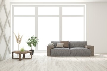 White scandinavian interior design with sofa. 3D illustration