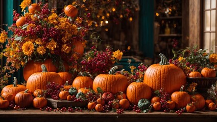  Bright background with beautiful thanksgiving decorating. Pumpkins with fruits, flowers, vegetables and leaves