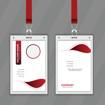 Vertical and minimal design concept for corporate identity card design. Double sided professional design  for student information card. Red and white background color membership card also editable fil
