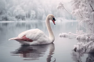 Poster Graceful alone white swan on snow lake with ice in winter day © DenisNata
