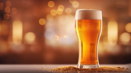 Cold pint of golden beer against a bokeh background  - obrazy, fototapety, plakaty