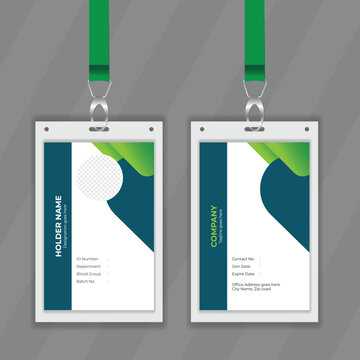 Vertical stylish information card design with organic shape. Colorful office stationery design with green color also white background. Double sided office stuff ID card design with geometric shape. 