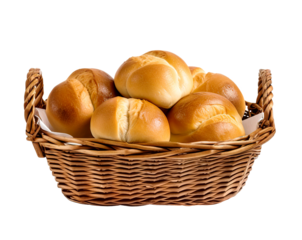 Basket of freshly baked dinner bread rolls. Isolated cutout on transparent or white background.