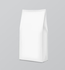 Vertical bag mockup. Flat bottom gusset bag. Front view. High realistic. Vector illustration isolated on grey background. Ready for use in presentation, promo, advertising and more. EPS10.