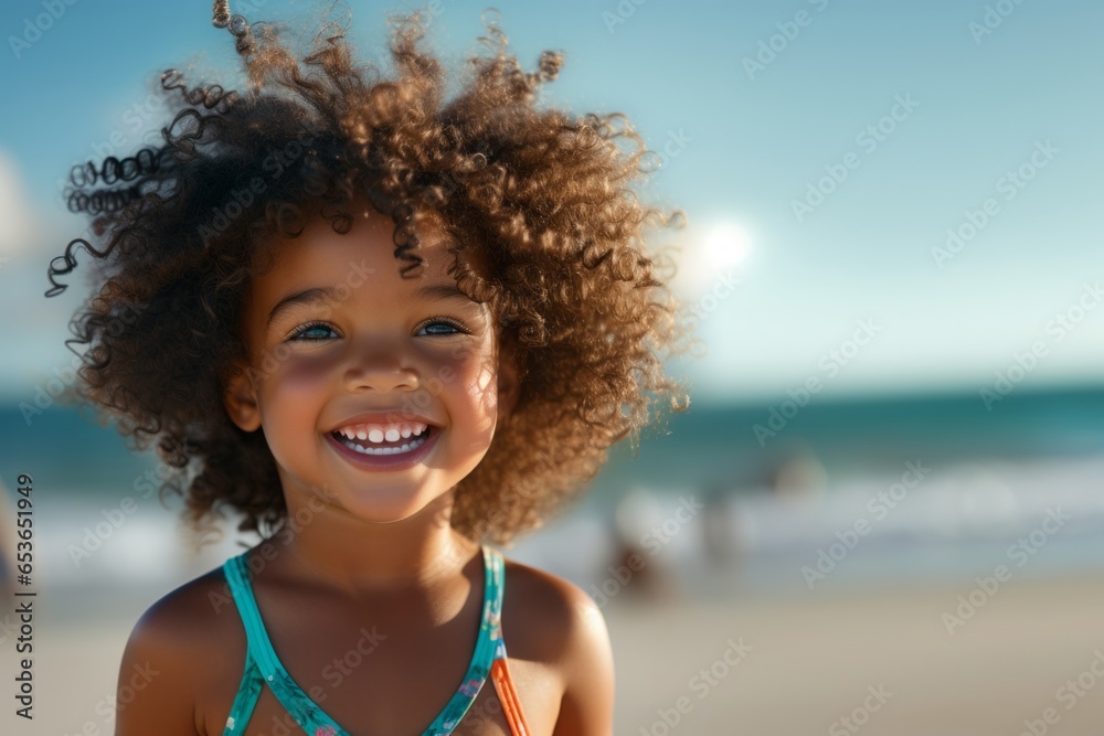 Poster close up child happy girl playing with the sand in a sunny day on the beach