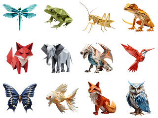Traditional Japanese Origami Art - Animals like Elephant, Dragon, Fox, Fish, Frog, Lizard, Owl, Butterfly, Wolf, Dragonfly & Grasshopper Set Against White Backdrop. Generative AI.