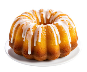 Vanilla bundt cake drizzled with powder sugar glaze on white plate. Isolated cutout on transparent or white background. - Powered by Adobe