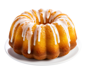 Vanilla bundt cake drizzled with powder sugar glaze on white plate. Isolated cutout on transparent or white background.