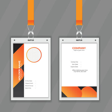Stylish and elegant design for identity card also printable vector layout. Orange and Black color ID card design mock with customizable illustrator file. Vertical design idea for office stationery. 