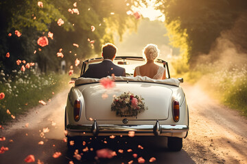 Braut und Br&auml;utigam fahren im Hochzeitsauto zur goldenen Stunde, erstellt mit generativer KI