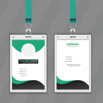 Green and black color ID card design also white background. Membership card design concept with organic shape. Editable and printable student information card design. 