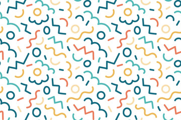 Creative cute squiggle print with colored abstract squiggles. Seamless pattern with doodles. design with basic shapes. Simple childish color scribble wallpaper print. Simple party confetti