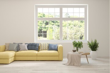 Bright interior design with modern furniture and summer landscape in window. 3D illustration