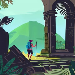 Detailed Illustrations: Travel and Adventure, A backpacker exploring ancient ruins in a dense jungle, generative Ai