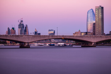 London cityscape with Waterloo Bridge at sunset