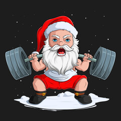 Hand drawn Powerlifter Christmas Santa Claus, weightlifting, struggling Santa practicing back squat