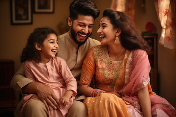 Fototapeta premium Indian family celebrating traditional festival together.