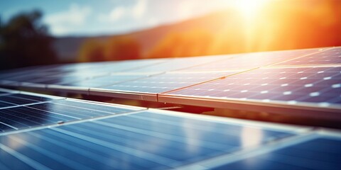 Solar panels close-up in the rays of the rising sun and green bushes. Generated by AI.