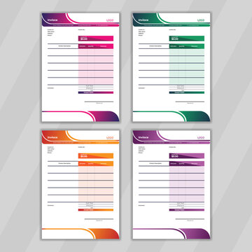 Modern and customizable design for billing or invoice. Elegant and stylish invoice design also easy to edit. Green. orange, purple and violet color deign for stationery also white color background.   