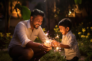 indian man with his son celebrating diwali festival. - obrazy, fototapety, plakaty