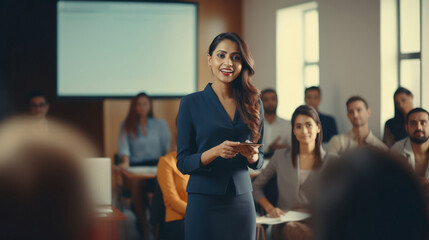 Young indian businesswoman or corporate employee giving speech and explaining strategy in meeting - obrazy, fototapety, plakaty