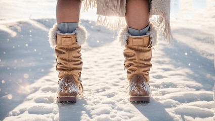Photo of winter boots standing on a snowy road