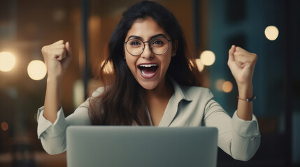 Young businesswoman, employee and student giving winning gesture while using laptop.